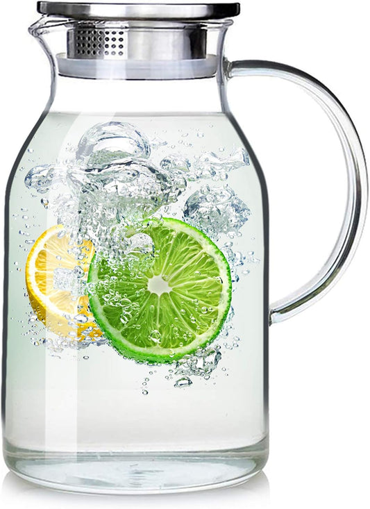 88oz Glass Pitcher with Lid and Handle - High Heat Resistance Glass Water Pitcher for Hot/Cold Water & Iced Tea (2.6L)