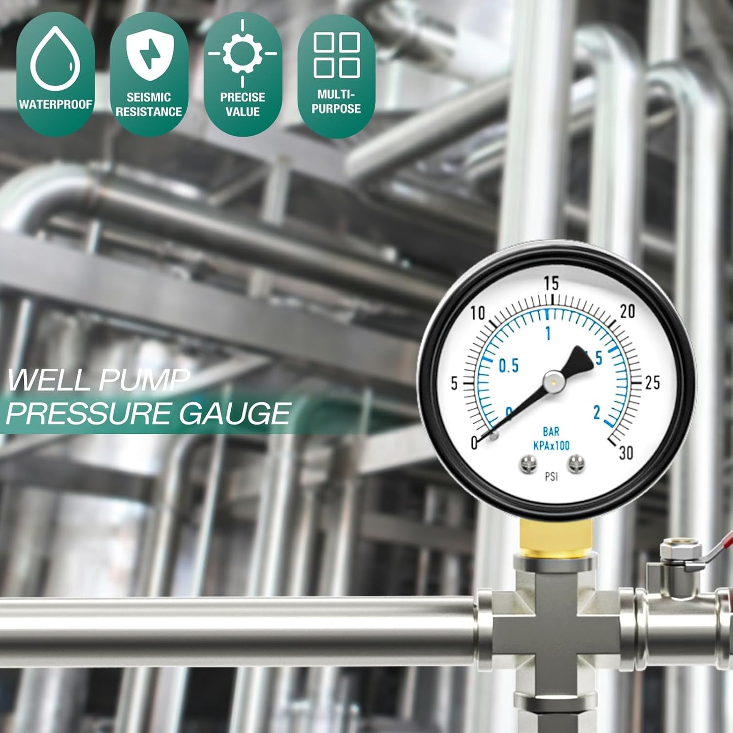 0-30PSI Well Pump Pressure Gauge 2" Dial Size, 1/4" NPT Lower Mount, 3-2-3% Accuracy, for Tube, Water Pump, Gas, Liquid, Pressure Test