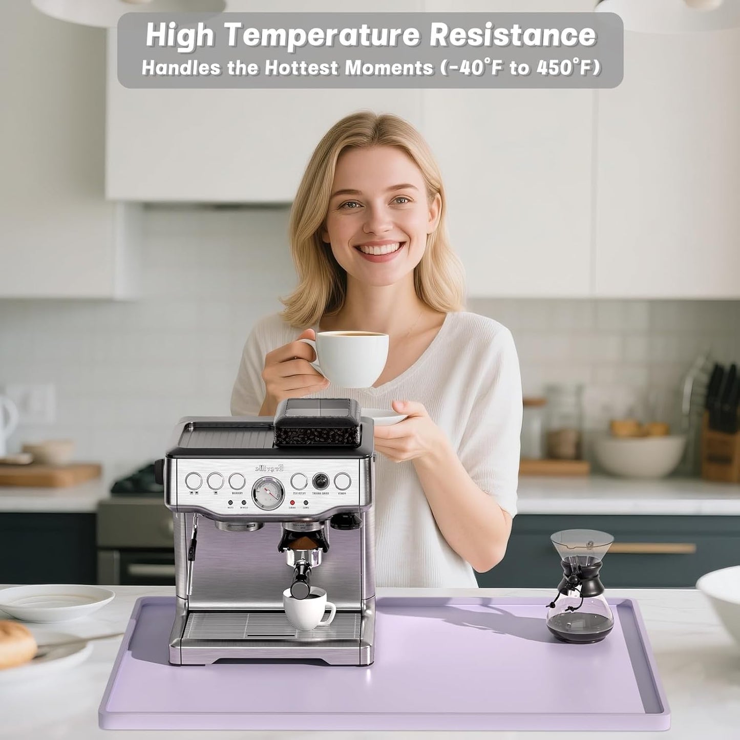 Rnivvi Silicone Coffee Mat, 12" x 19" Waterproof Raised Edge Coffee Bar Mats for Espresso Machine Station Accessories, Heat Resistant Dish Drying Pad for Kitchen Counter, Rubber Bar Decor Pad, Purple