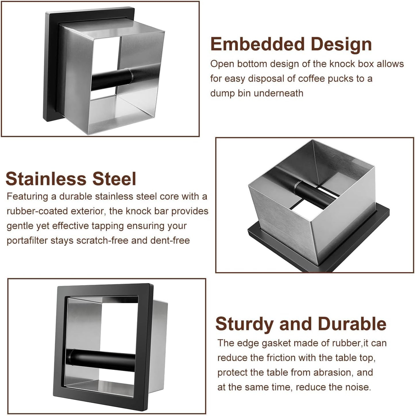 Bottomless Knock Box Espresso, Embedded Coffee Knock Box, Stainless Steel Countertop Espresso Grounds Container for Commercial Cafes Restaurants Home (5.44 x 5.91”)