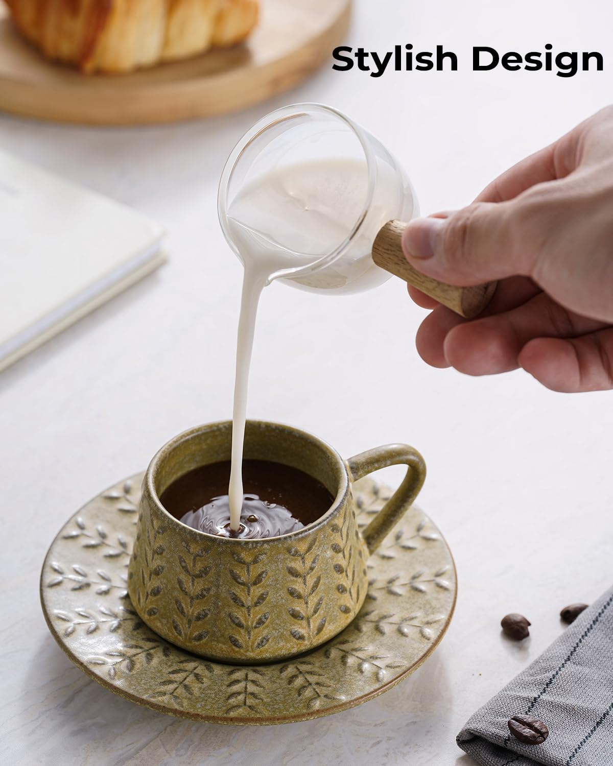 Espresso Cups Set with Saucer and Metal Stand, Porcelain Small Demitasse Cups Cappuccino Cups for Espresso, Latte, Cafe Mocha, Cappuccino, and Tea, 4 oz, Set of 6, Yellow