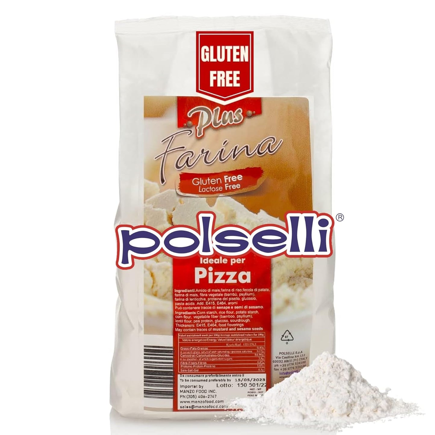 Gluten Free Flour, Pizza Flour, Lactose Free, 2.2lb, All Natural, Multi Purpose Flour & Starch Blend, for Baking Pizza, Bread, & Pasta, Product of Italy, Polselli