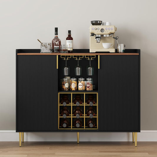 ARTPOWER 48" Wine Bar Cabinet with Fluted Texture, Modern Buffet Sideboard with Wine Rack and Glass Holder, Liquor Coffee Station with Storage for Kitchen, Living Room, Home Bar, Black