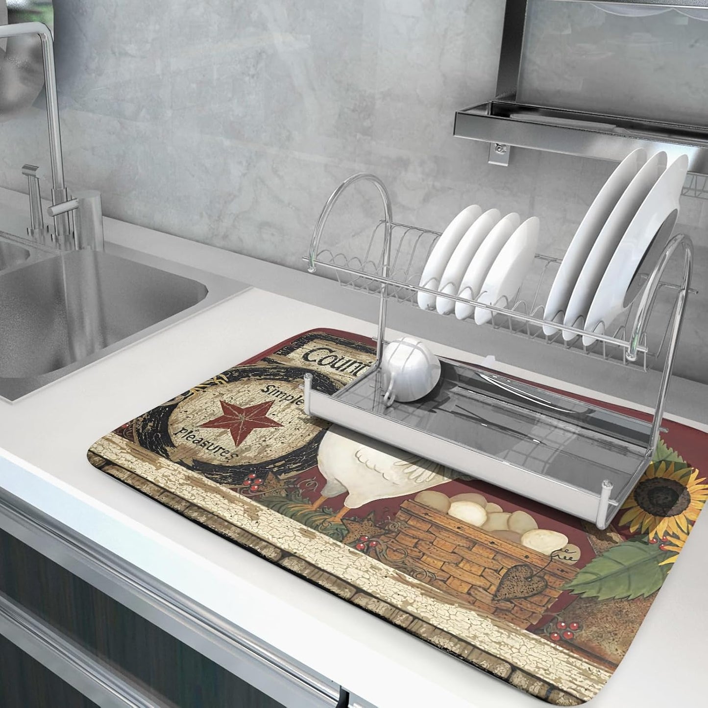 Giwawa Vintage Rooster Dish Drying Mat for Countertop, 18"x24" Farmhouse Chicken Dish Drainer Mats, Rustic Country Style Fast Drying Microfiber Dish Drying Pad Kitchen Accessories Decor Large