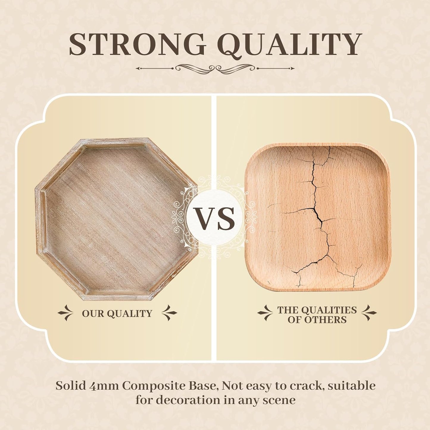 Wooden Decorative Tray, Small Serving Tray with Wood Bead, Farmhouse Big Tray for Ottoman, Countertop, Coffee Tabl, 13" x 13"x 1.6" (White Washed)