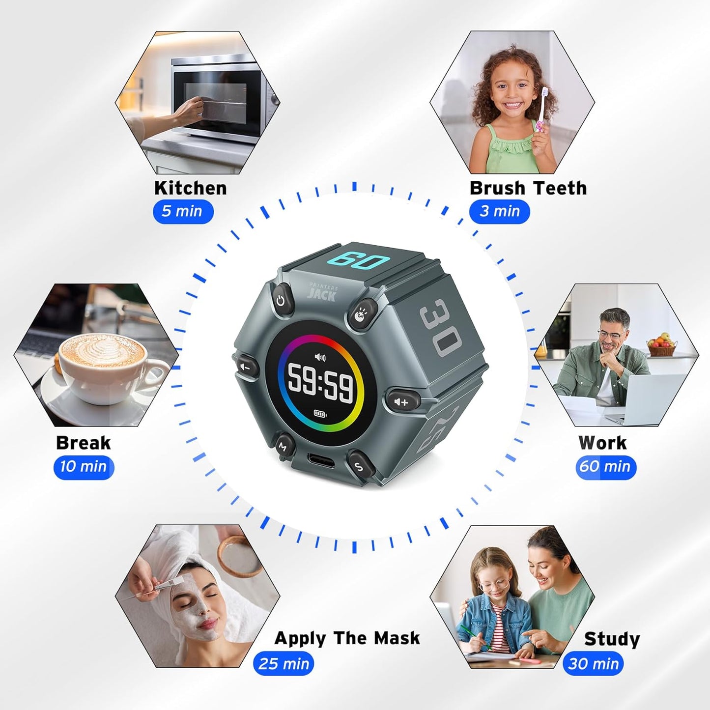Printers Jack Timer, Visual Pomodoro Timer, Productivity Cube Mute & Vibration & Adjustable Sound Alert, for Office, ADHD, Study, Work, 3/5/10/25/30/60min & Custom Countdown - Iron Gray