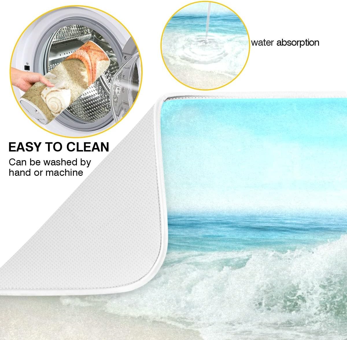 Summer Beach Dish Drying Mat 18 x 24 Inch Sea Wave Shells Starfish Drying Mat with High Absorbent Reversible Microfiber Kitchen Mat Dish Rack Pad Dish Drainer Mat for Kitchen Counter Coffee Bar