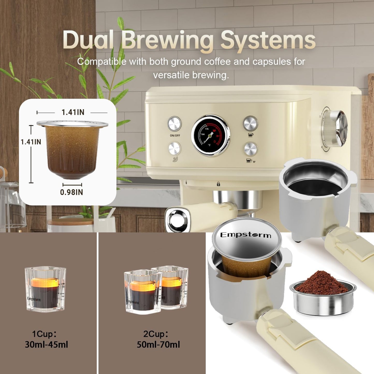 White Espresso Machine with Milk Frother, Cappuccino Machines for Home, Coffee Espresso Machine Suitable for Coffee Powder/NS Original Capsules, Espresso Maker with Thermometer