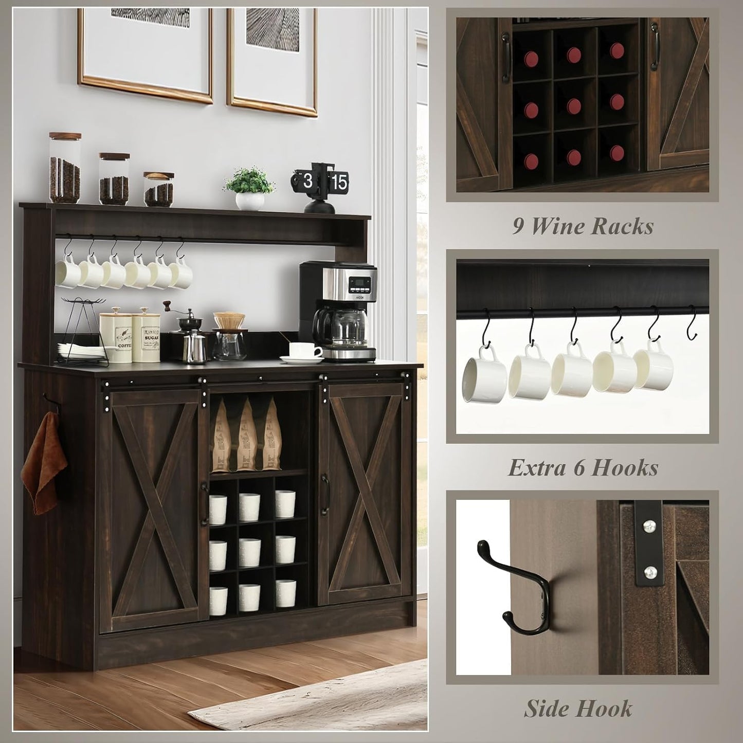 4ever2buy Farmhouse Coffee Bar Cabinet with 9 Wine Racks and 6 Hooks, 47 Inch Wine Cabinet with Storage, Kitchen Buffet Cabinet with Adjustable Shelves for Living Dining Room, Dark Oak