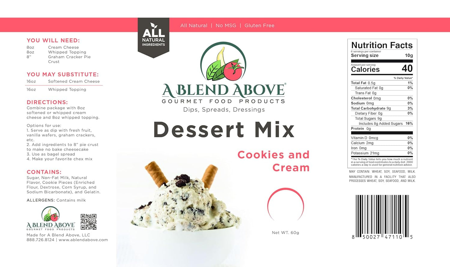A Blend Above Cookies n Cream No-Bake Dessert Mix, 3 Pack, No-Bake Cheesecake, Fruit Dip, Dessert Mix, Bagel Topping, Frosting, Cheesecake Filling, Quick and Easy to Make, Makes 16 Ounces, Cream