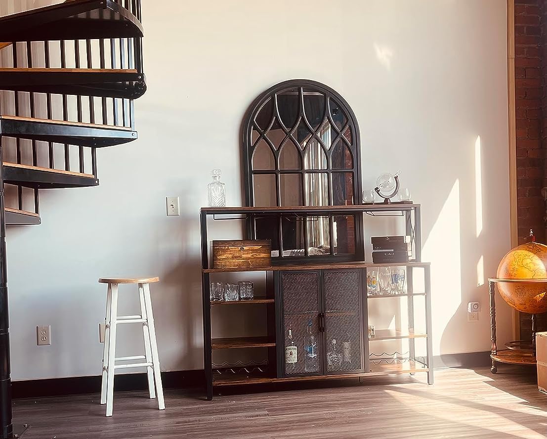 Bar Cabinet, 55 Inches Kitchen Sideboard Buffet Cabinet with Wine Rack Storage, Industry Coffee Bar Cabinet with Wine Rack and Glass Holder for Liquor and Glasses (Rustic)