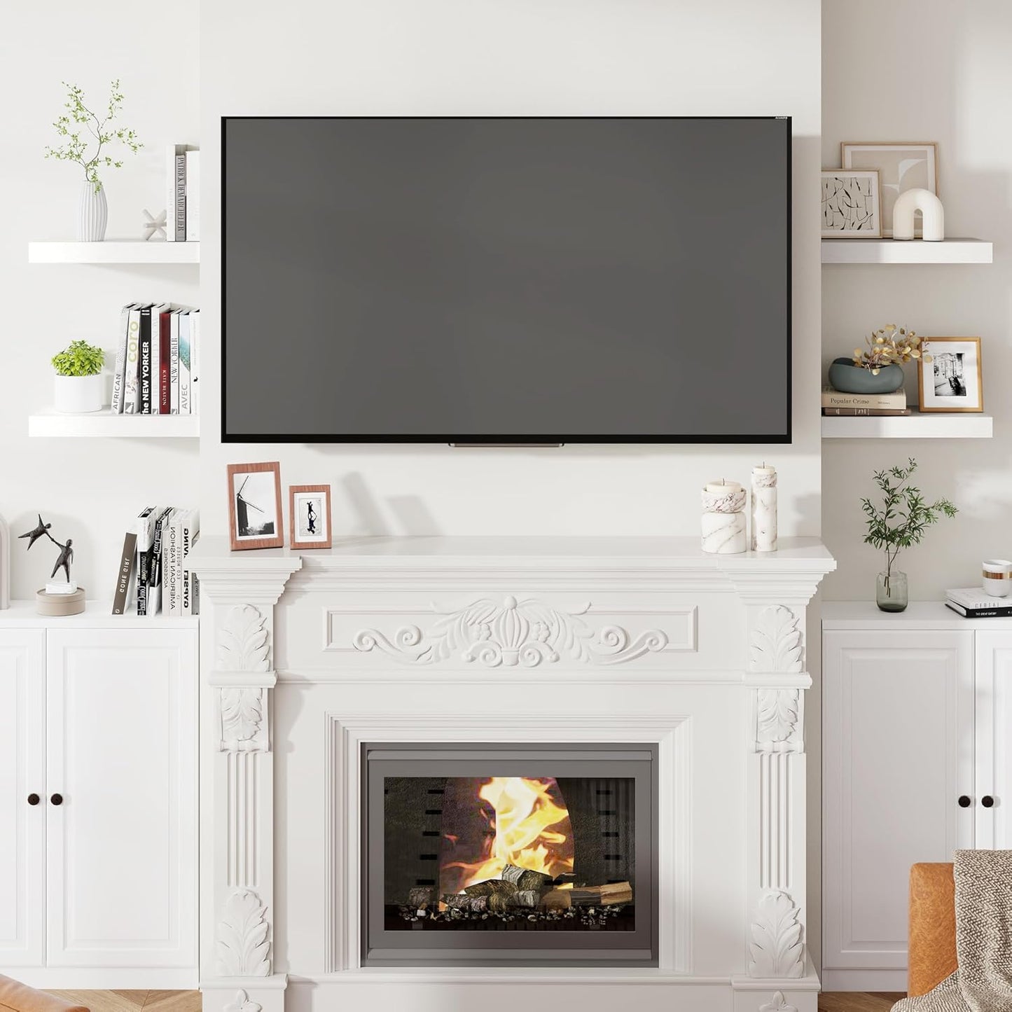 Heimlove 16 Inch Floating Shelves for Wall White Shelves Set of 2,Wall Mounted Rustic Wood 8 Inch Deep Floating Shelf with Invisible Brackets for Bedroom Kitchen Living Room