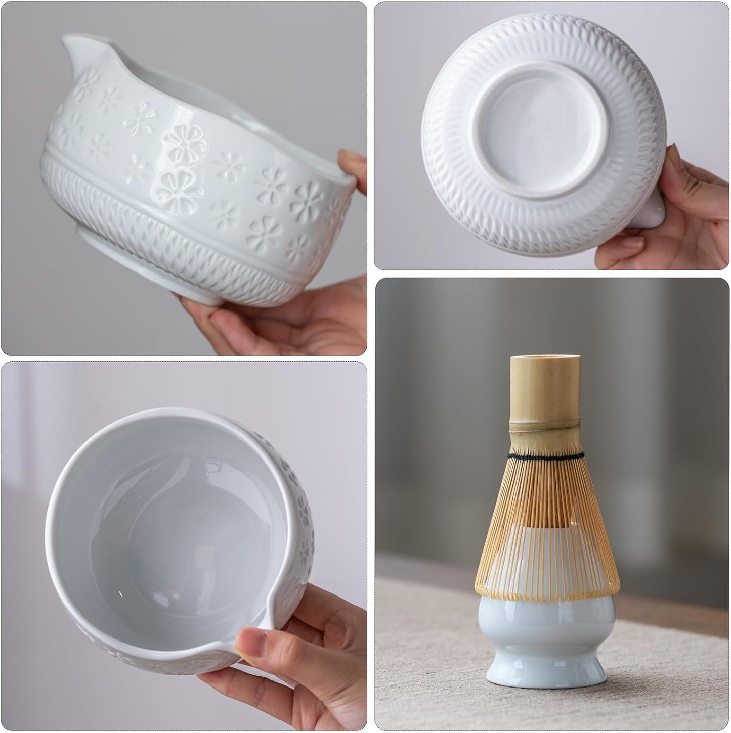 Matcha Whisk Set, Ceramic & Bamboo, 7 Pcs, White, Includes Bowl, Whisk, Holder, Scoop, Rest, Sifter, Tea Towel