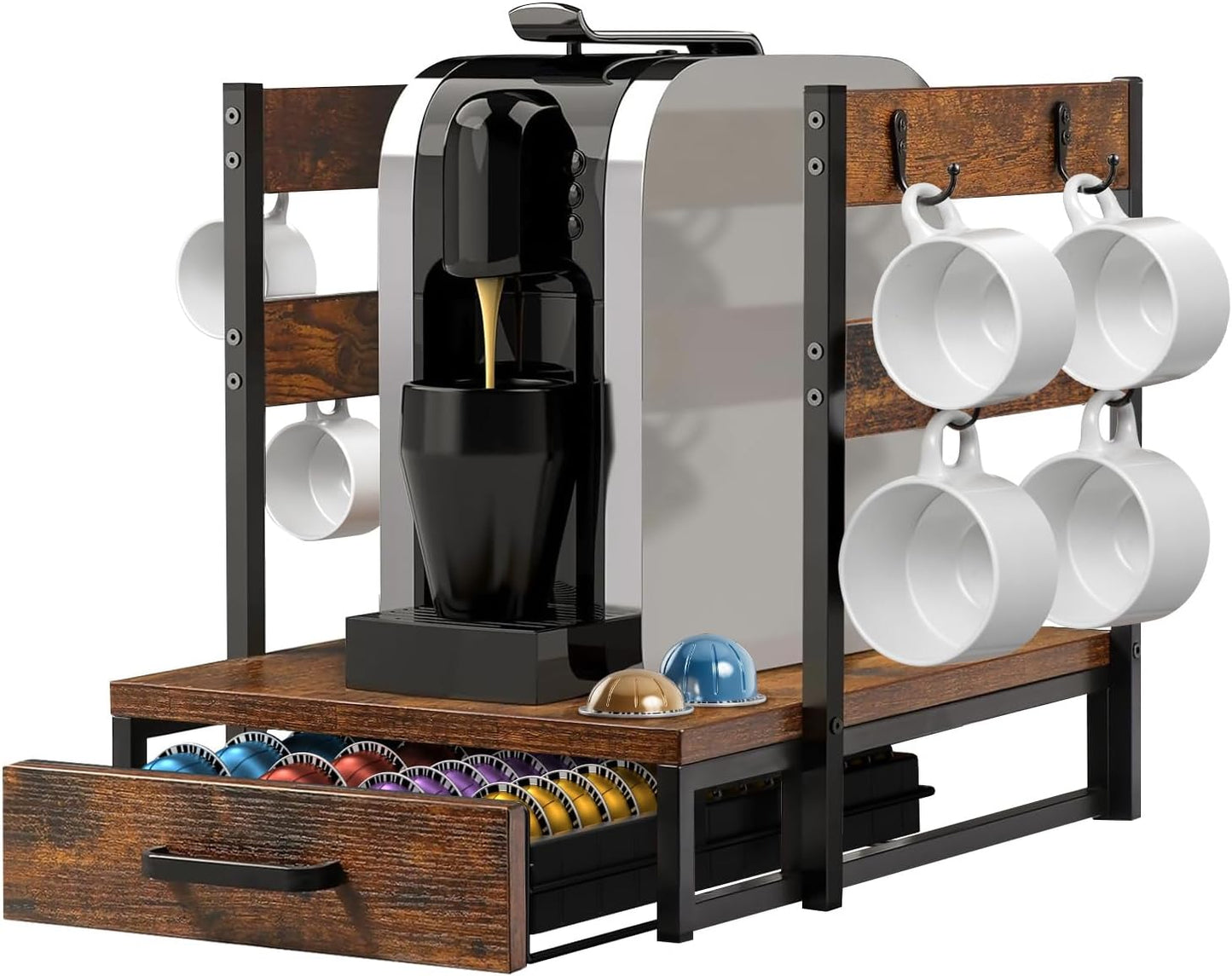 Coffee Pod Holder, Vertuo Pod Holder Compatible with Nespresso, 28 Large or 56 Small Nespresso Capsule Organizer Drawer Station with Cup Rack, Rustic Brown