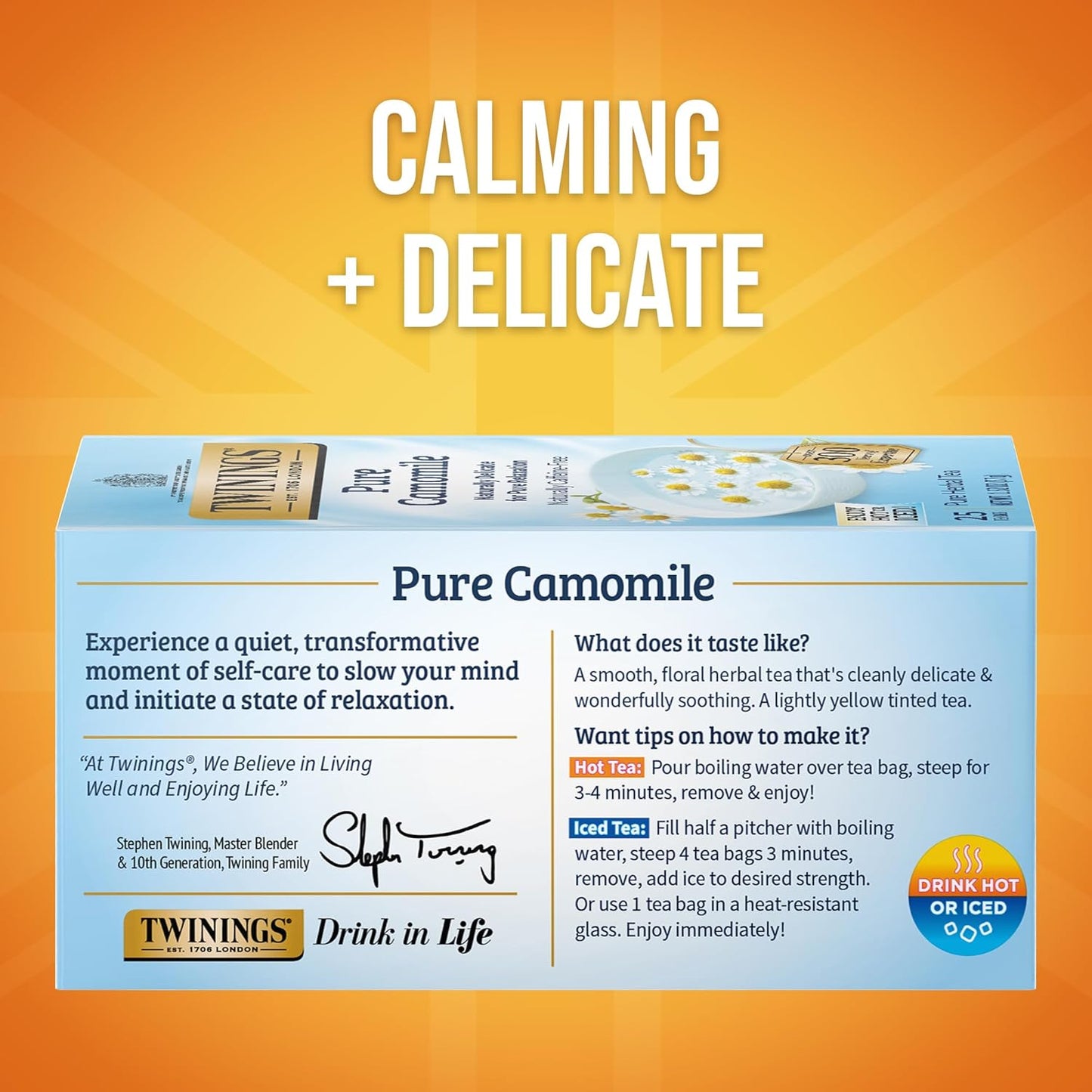 Twinings Pure Camomile Herbal Tea Individually Wrapped Bags, 25 Count (Pack of 6), Calming & Delicate, Naturally Caffeine-Free, Enjoy Hot or Iced, 150 Teabags