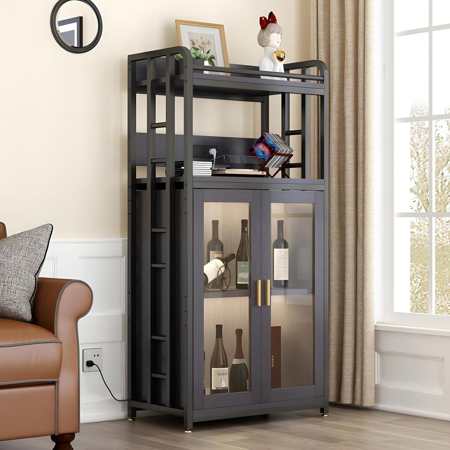 Adjustable 4-Tier Heavy Duty Kitchen Baker's Rack with Power Outlet, with Industrial Wheels, Free Standing Microwave Oven Cart Stand for Storage, Garage, Mini Fridge Stand, Black