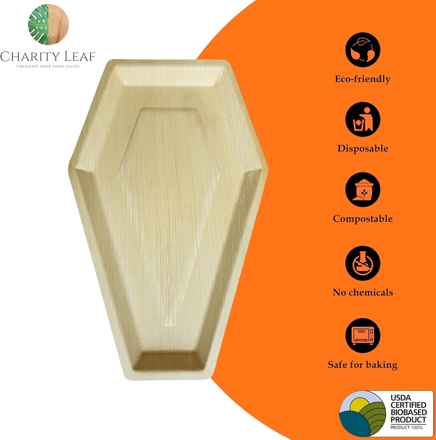 Charity Leaf Disposable Palm Leaf 14"x9" Coffin Trays (25 Pieces) Bamboo Like Serving Platters, Disposable Boards, Eco-Friendly Dinnerware for Christmas, Weddings, Catering, Events