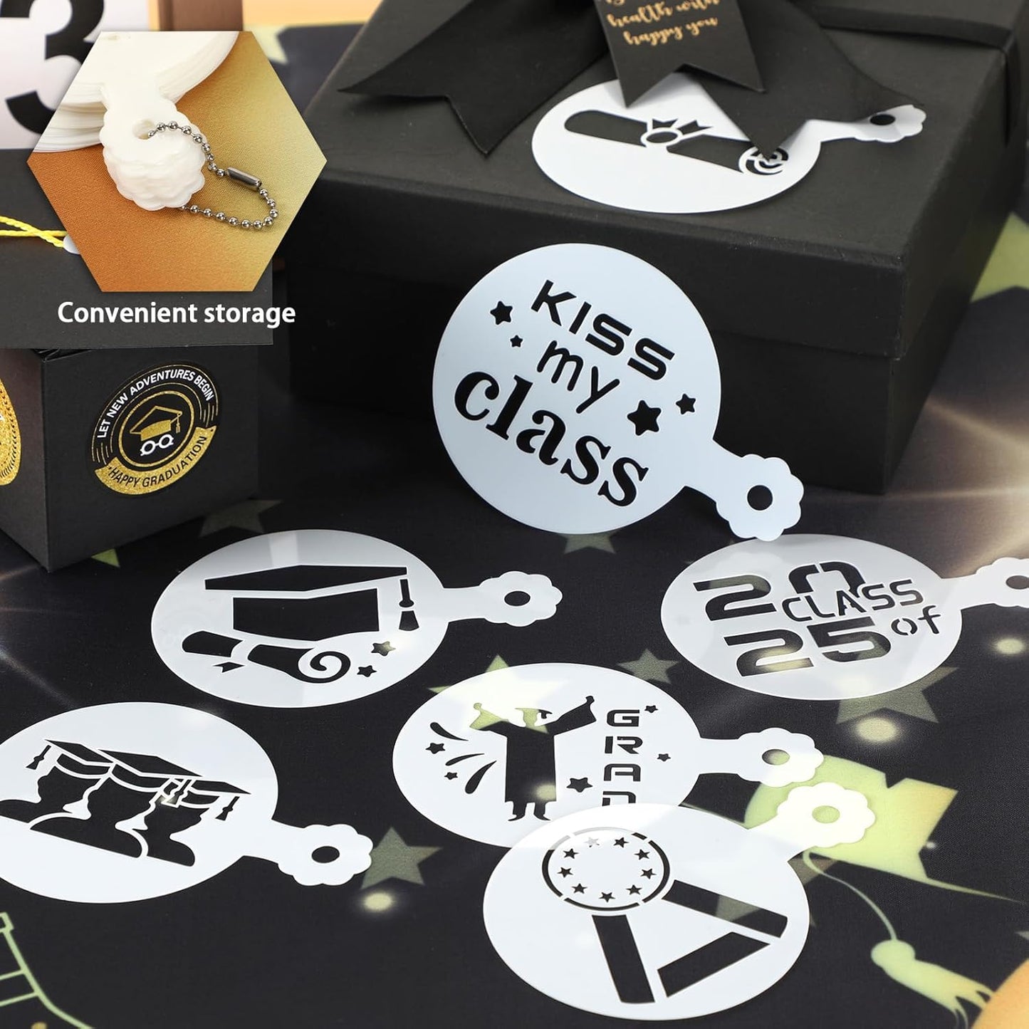 JULBEAR Graduation Cookie Stencils, 36 Pieces Class of 2025 Reusable Coffee Decoration Stencils Templates Tools for Cookies Baking Painting Dessert Decoration DIY Graduate Party Decor