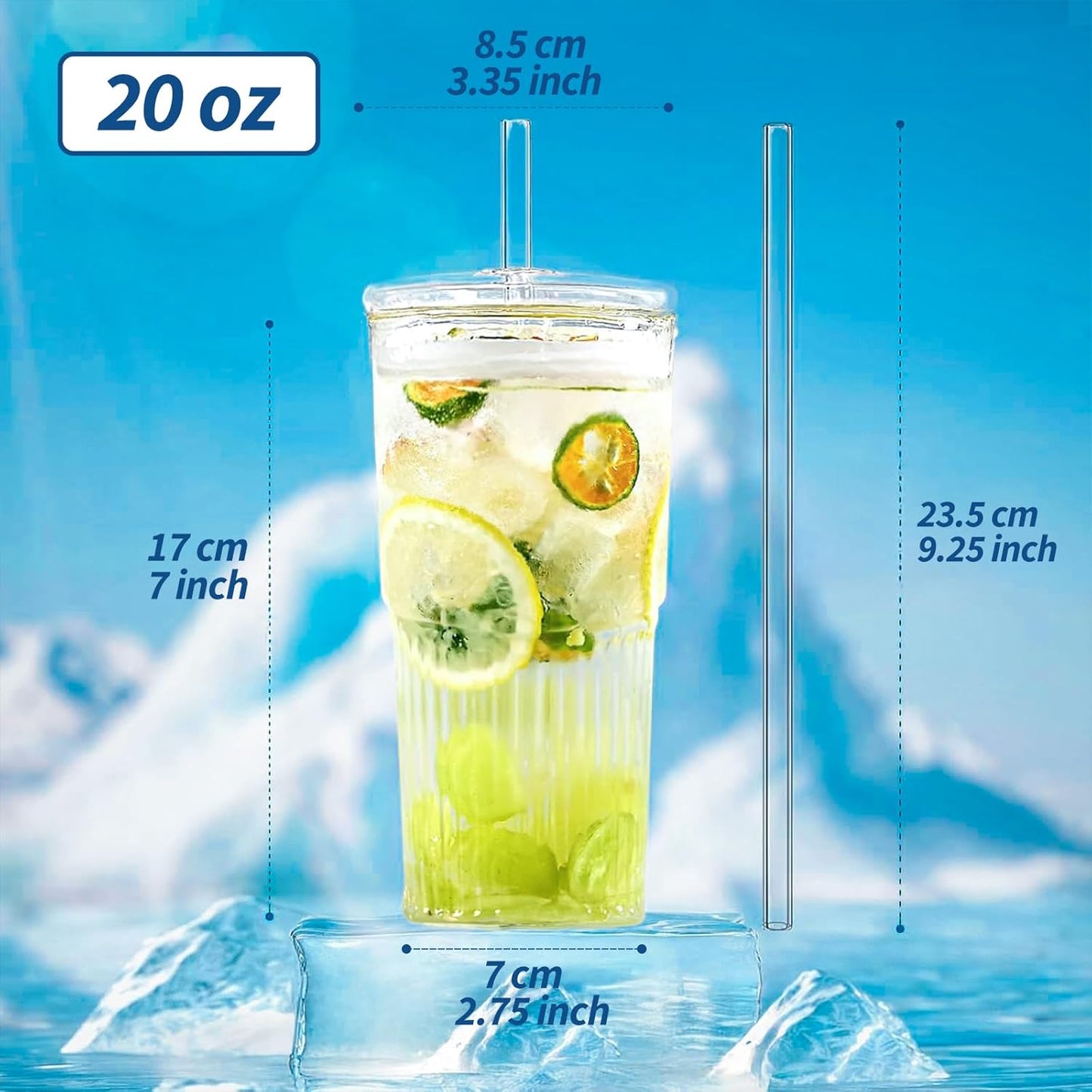 22oz Glass Tumblers with Glass Lids and Straws - Stylish Vintage Ribbed Design for Iced Coffee, Juice, Smoothies, Milkshakes, Cold Beverages & Whiskey Cocktail Beer (2pack-22OZ-Glass lid)