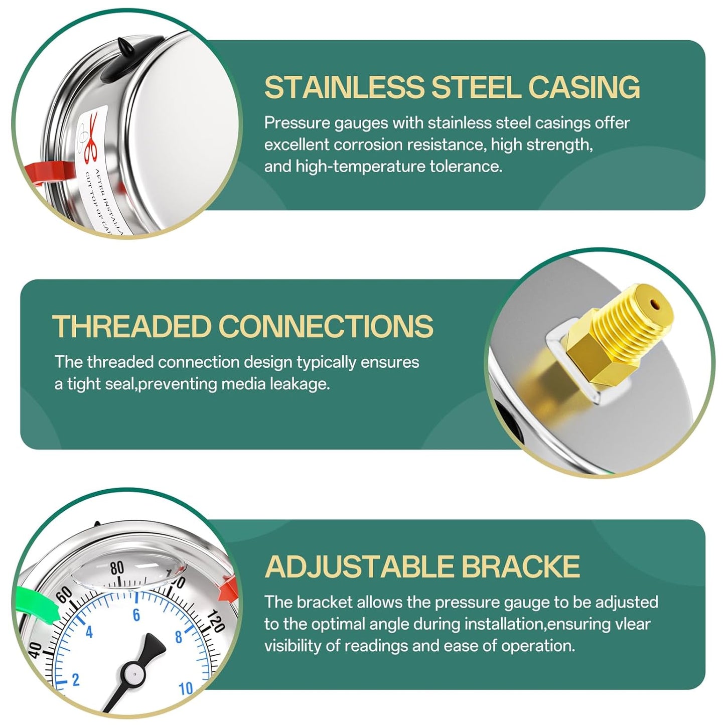 0-160psi Stainless Steel Glycerin Liquid Filled Pressure Gauge 1/4" NPT 2.5" Face Dial Center Back Mount, for Water, Oil and Air Pressure Testing (with Range Mark Pointer)