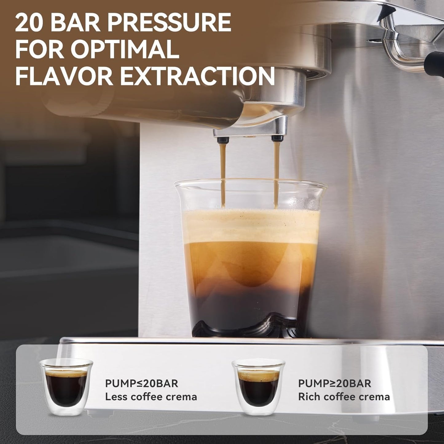 Espresso Machine 20 Bar, Brush Stainless Steel Espresso Maker with Milk Frother Steam Wand, 1400W Espresso Coffee Machine with 1.8L Removable Water Tank for Latte, Cappuccino,Machiato