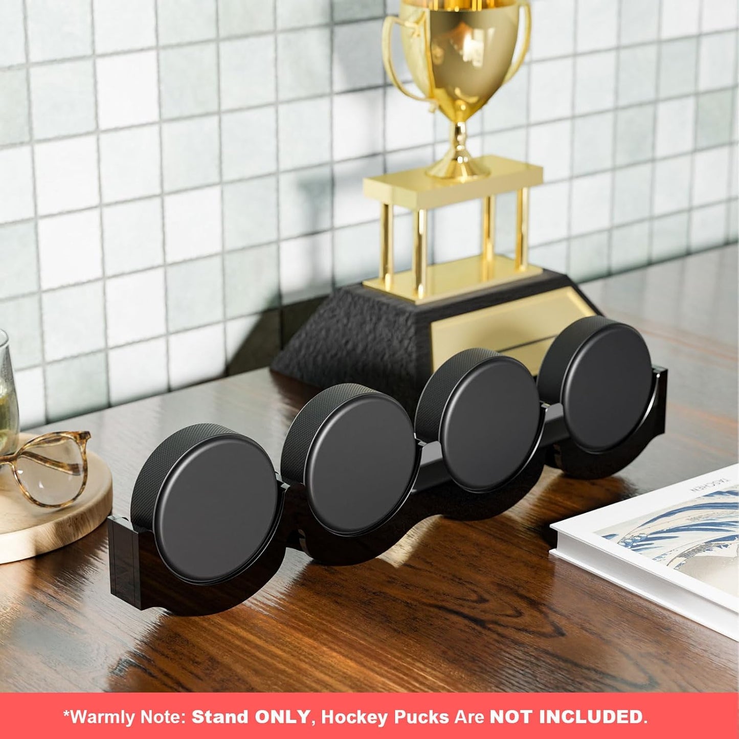 Cosmos 2 Pcs Hockey Puck Display Case Acrylic Hockey Puck Holder for 4 Pucks, Wall Mount Ice Hockey Puck Display Shelf Storage Rack for Collecting Pucks and Room Decoration, 14.6 x 2.2 x 1 in (Black)