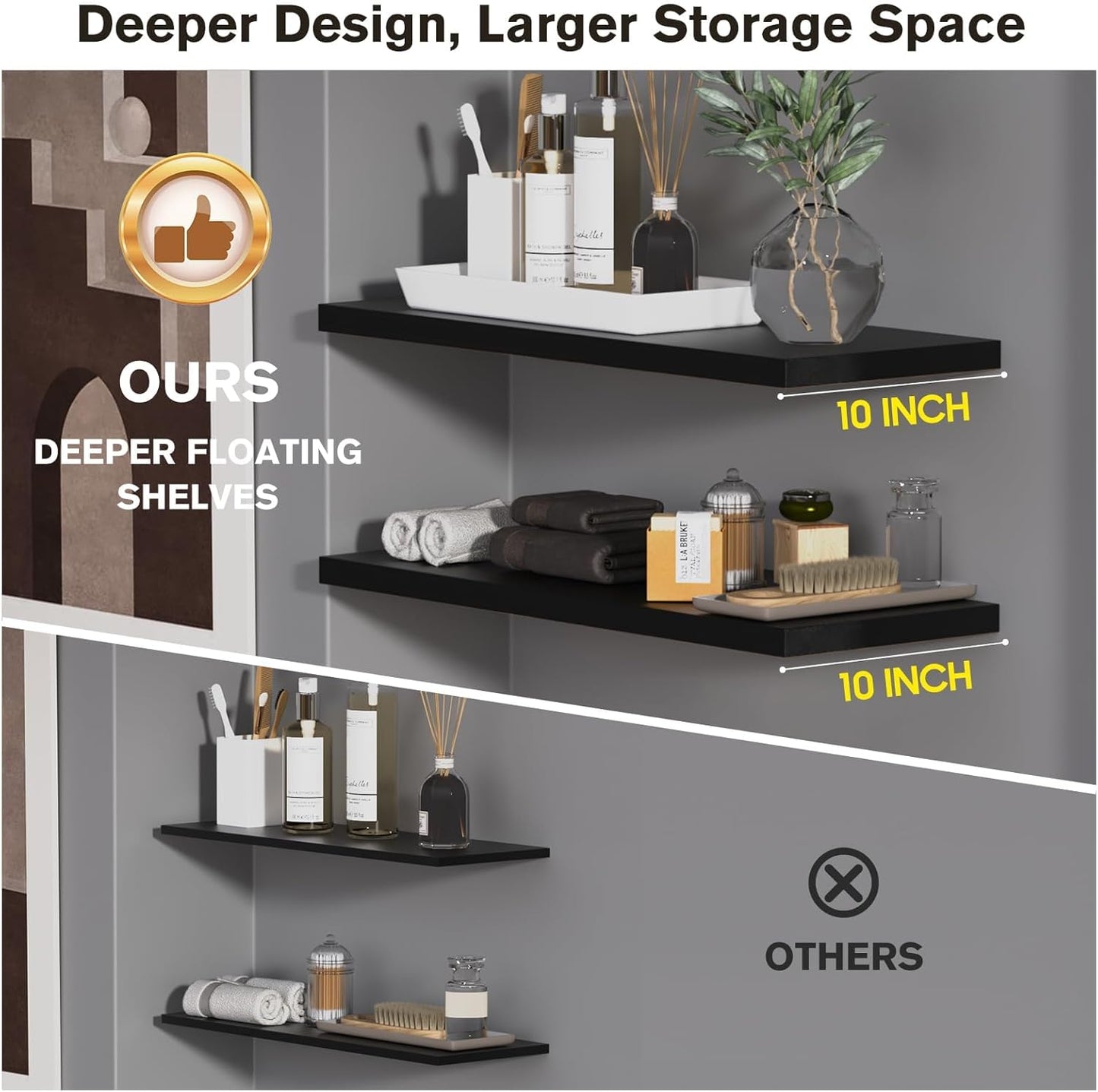 Wall Shelf Set of 3,Dark Wood Floating Shelves 36 in W x 10 in D x 1 in H, Wooden Floating Wall Shelf with Invisible Brackets for Living Room/Bedroom/Bathroom/Kitchen Storage and Decor