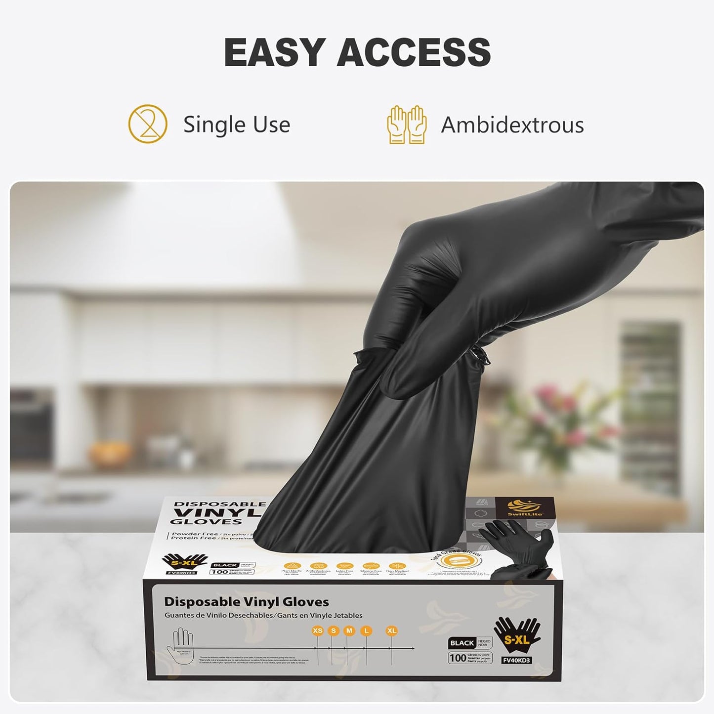 Black Vinyl Gloves, Food Grade Gloves Disposable Latex Free & Powder Free, Guantes for Cleaning Cooking Food Prep