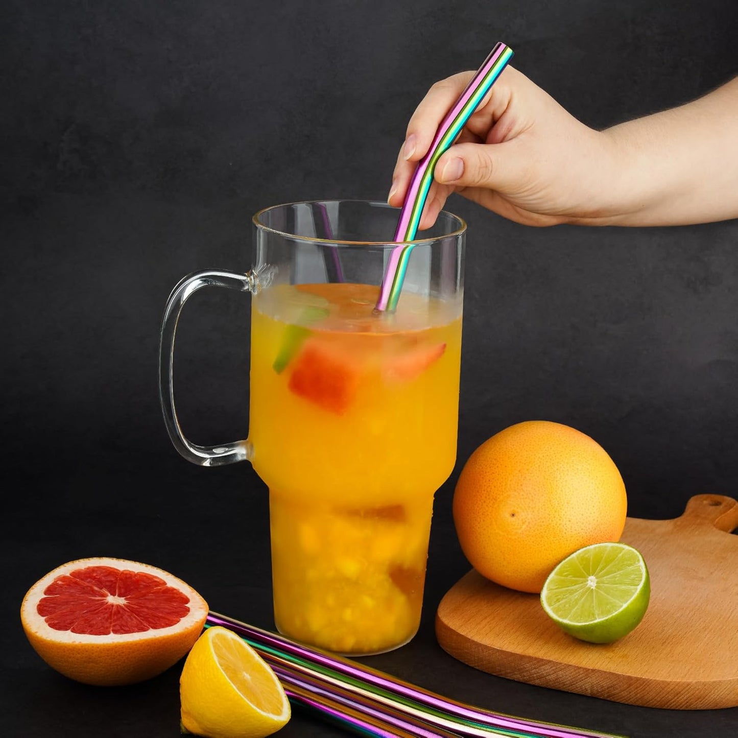 Tomorotec 8-Pack Bent Stainless Steel Straws for 40oz Stanley Tumblers, 12" Metal Straws for Stanley Cup with 1 Brush, Reusable Drinking Straws for Smoothies, Milkshakes, Dishwasher Safe (Iridescent)