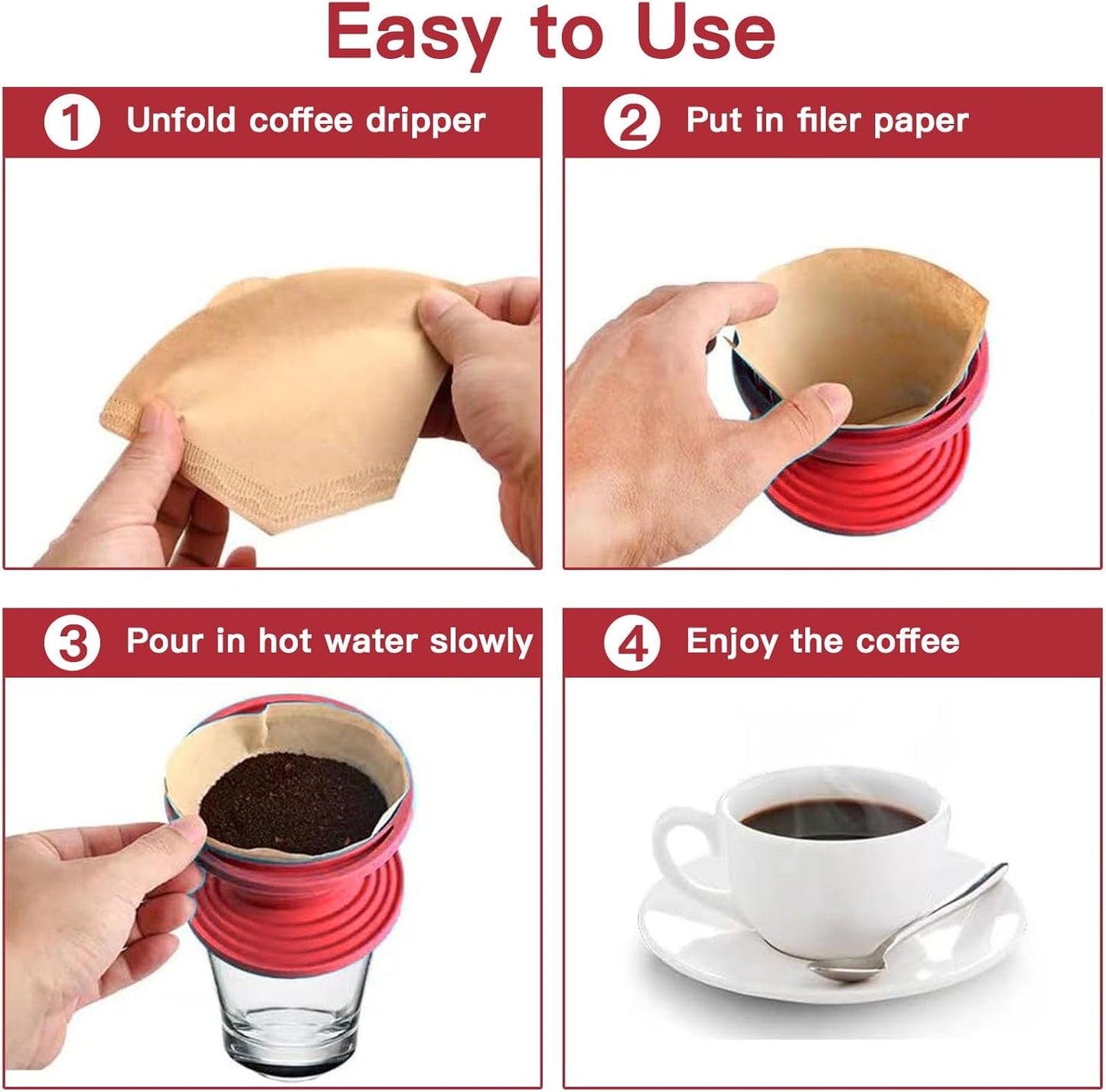 Collapsible Pour Over Coffee Dripper Set - Silicone Reusable Cone Filter Holders with 100Pcs Paper Filters - For Home, Camping, Travel, Office (1, Red)