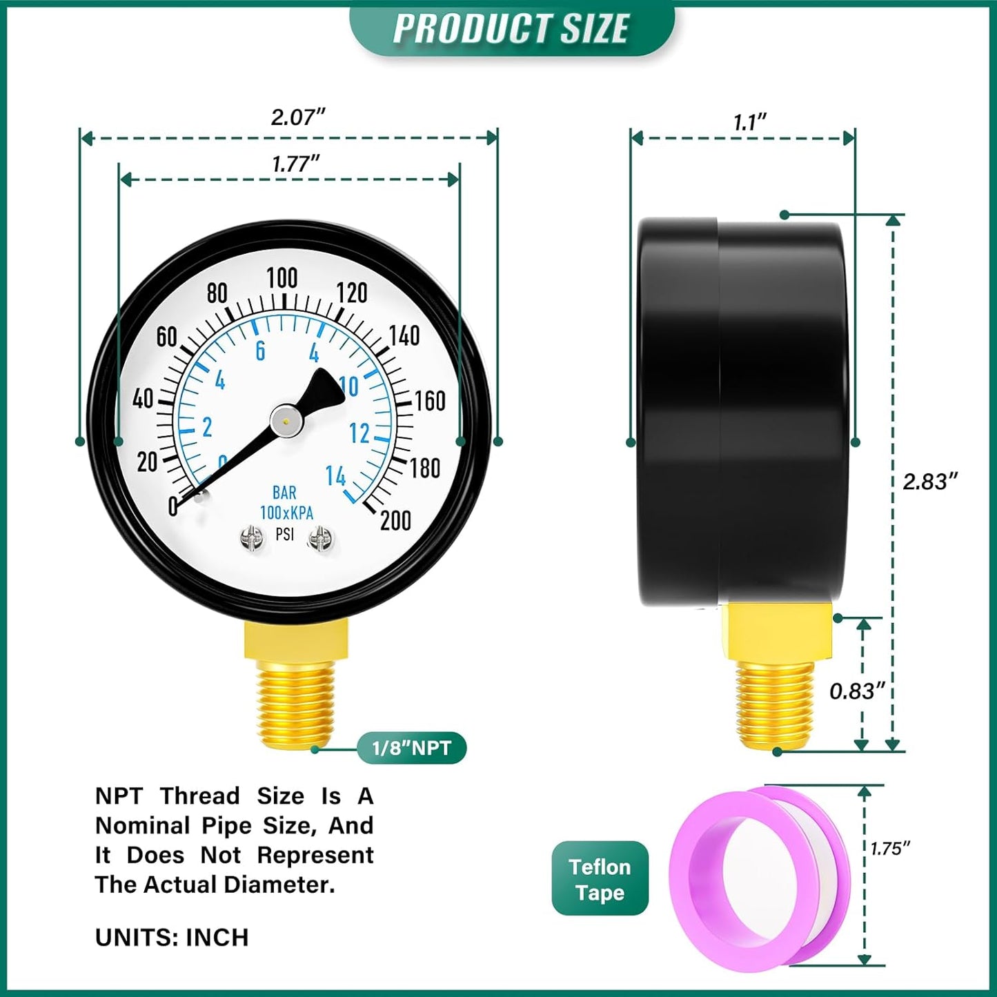0-200PSI Well Pump Pressure Gauge 2" Dial Size, 1/8" NPT Lower Mount, 3-2-3% Accuracy, for Tube, Water Pump, Gas, Liquid, Pressure Test