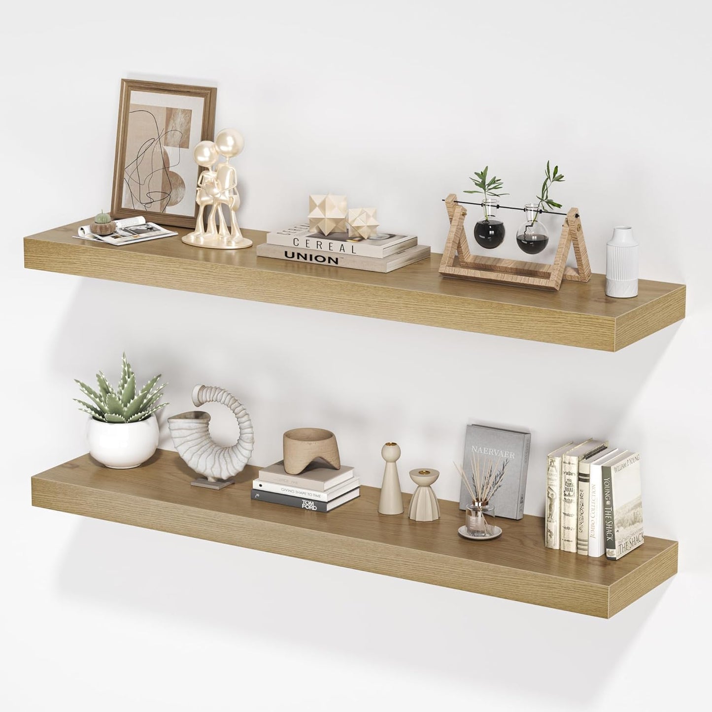 Floating Shelves for Wall, 40" W x 8" D x 1.5" H, Wooden Wall Mounted Display Shelves with Invisible Brackets for Living Room, Bedroom, Bathroom, Kitchen Decor and Storage, Set of 2, Oak