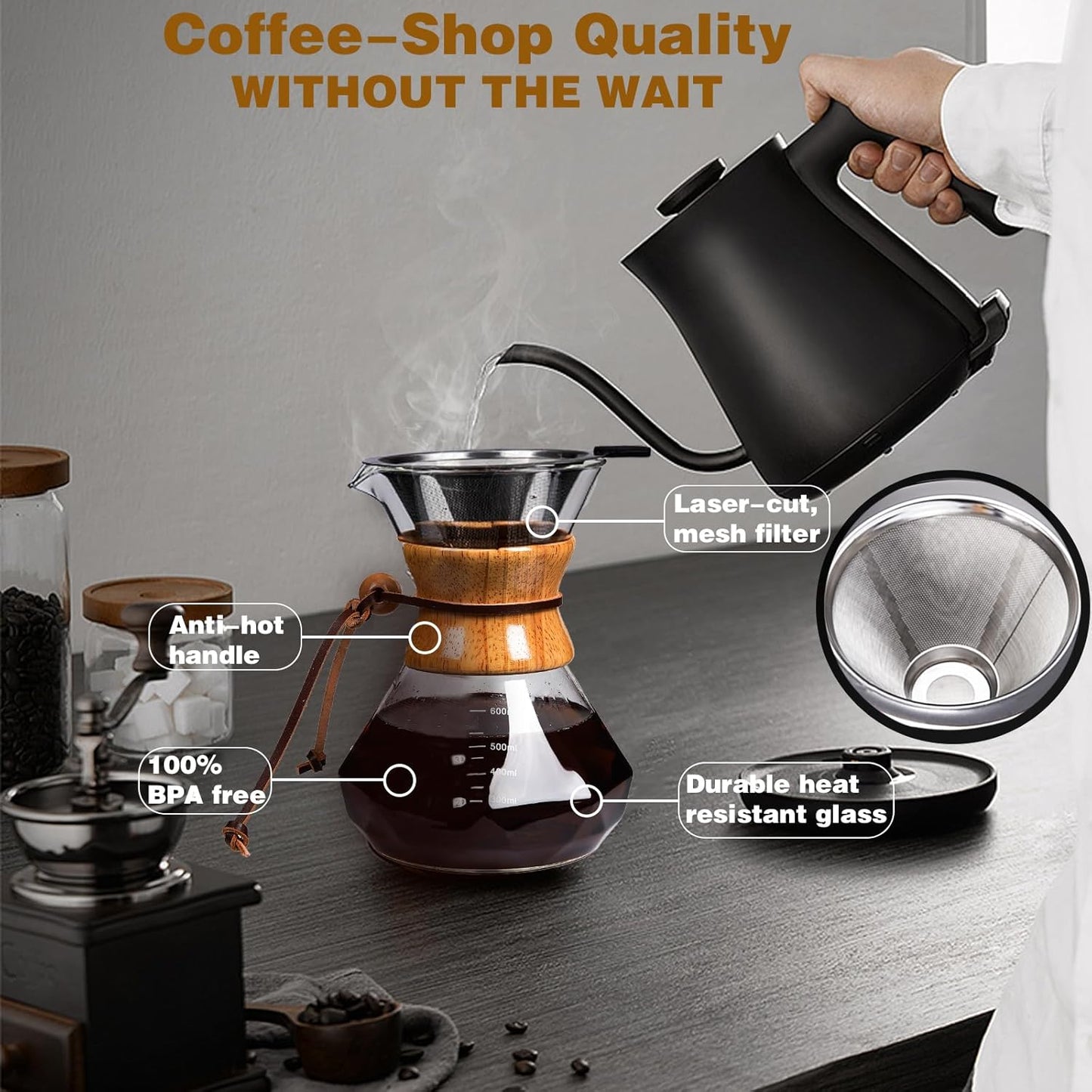 Pour Over Coffee Maker with Reusable Stainless Steel Drip Filter, Lead-Free Borosilicate Glass Coffee Carafe with Modern Wooden Collar for 1-4Cup, Diamond Clear (600ml/20oz)