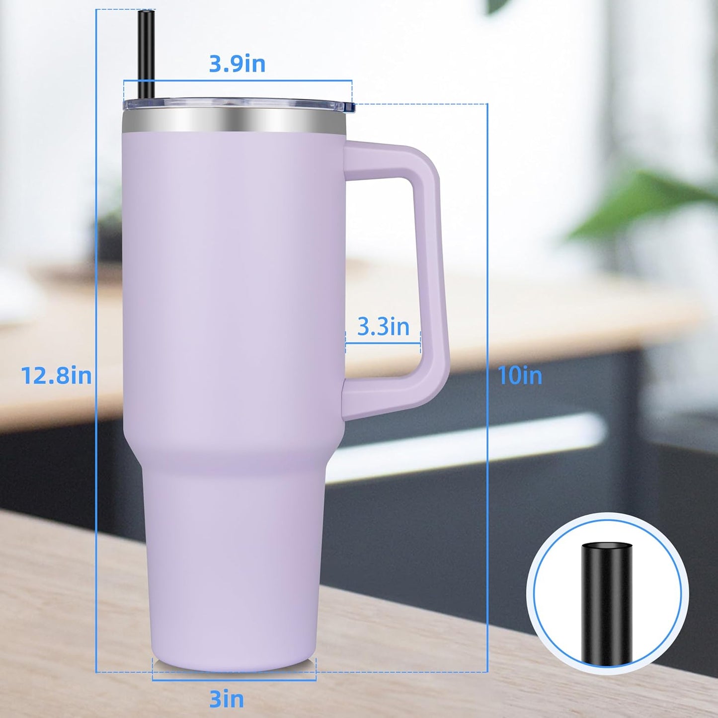 DOMICARE 40 oz Tumbler with Handle and Straw, Stainless Steel Tumbler with Lid and Straw, Reusable Vacuum Insulated Cup, Travel Coffee Mug, Lavender, 1Pack