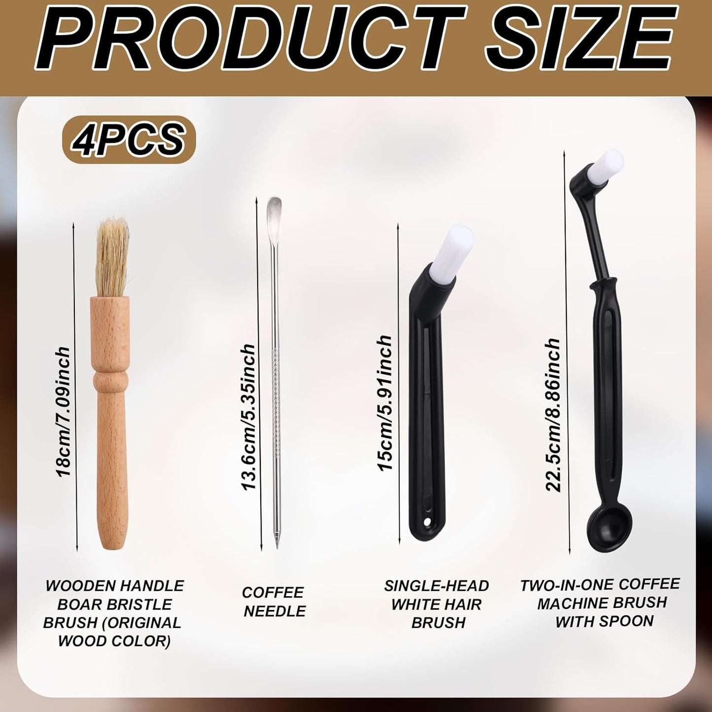 4pcs Coffee Machine Cleaning Brush, Professional Espresso Cleaning Brush Wooden Handle Boar Bristle Scrub Set Suitable for Coffee Machine Washing