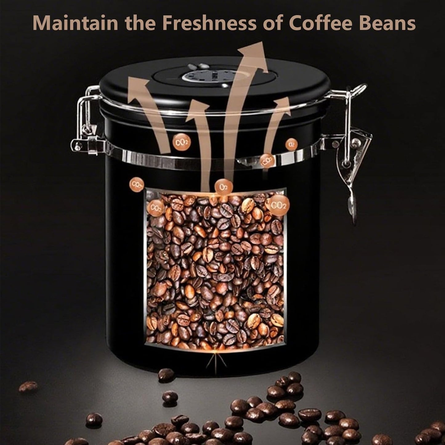 Coffee Canister with Window, 22OZ Airtight 304 Stainless Steel Food Storage Container, Home Kitchen Sugar Organizers Jar with Scoop for Beans, Rice,Tea, Flour, Cereal, Black