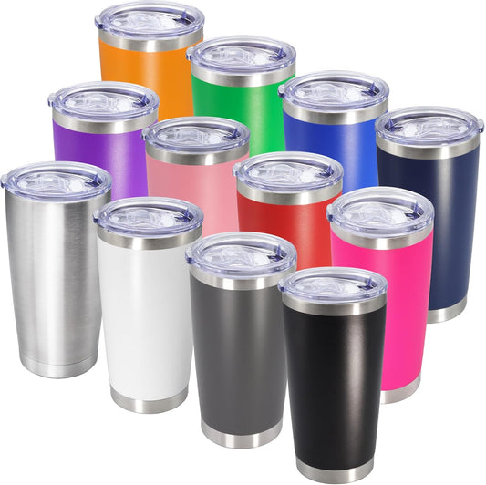20oz Tumbler Bulk Stainless Steel Tumblers with Lid Vacuum Insulated Double Wall Travel Coffee Mug Powder Coated Tumbler Cup for Hot and Cold Drinks(Mix Color, 12 pack)