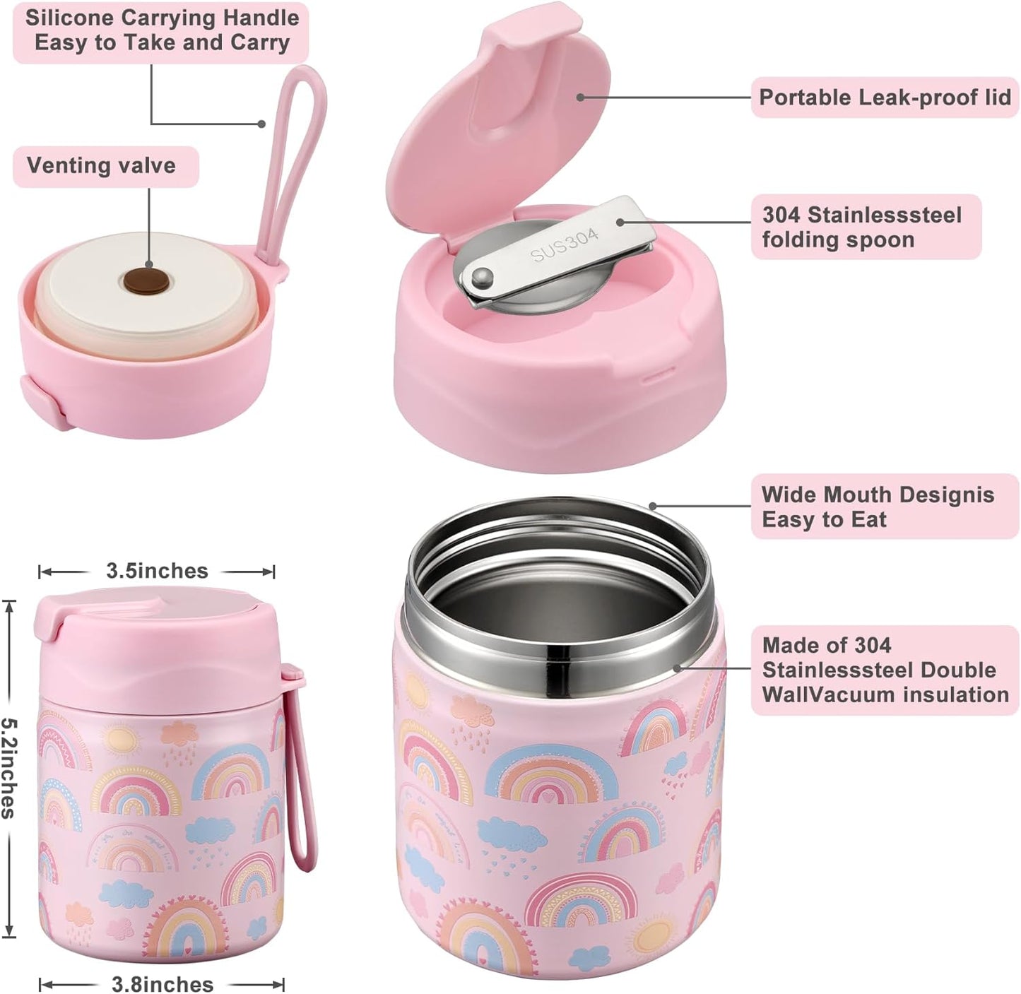 17oz Soup Thermo for Hot Food Kids,Insulated Food Jar with Spoon,Thermo Hot Food Lunch Container,Wide Mouth Leakproof Stainless Steel Lunch Box for School-Rainbow