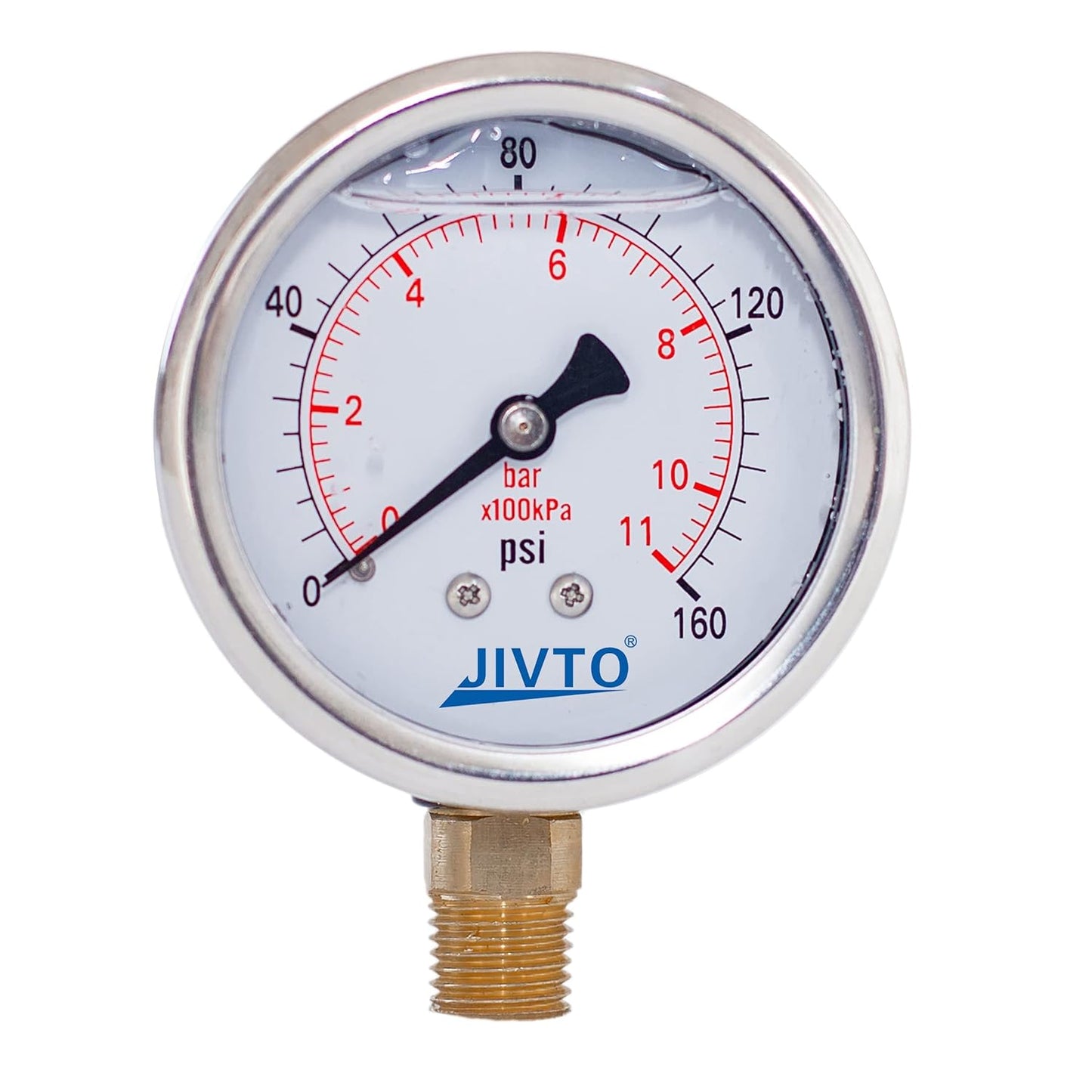Pressure Gauge,Glycerin Liquid Filled,2-1/2" Dual Scale Dia,0-160 psi/bar/kpa,1/4" NPT Male Brass Connection,Lower Mount, Stainless Steel Case,for Pneumatic,Pump,Hose,Well Tank,Gas Air Water Oil