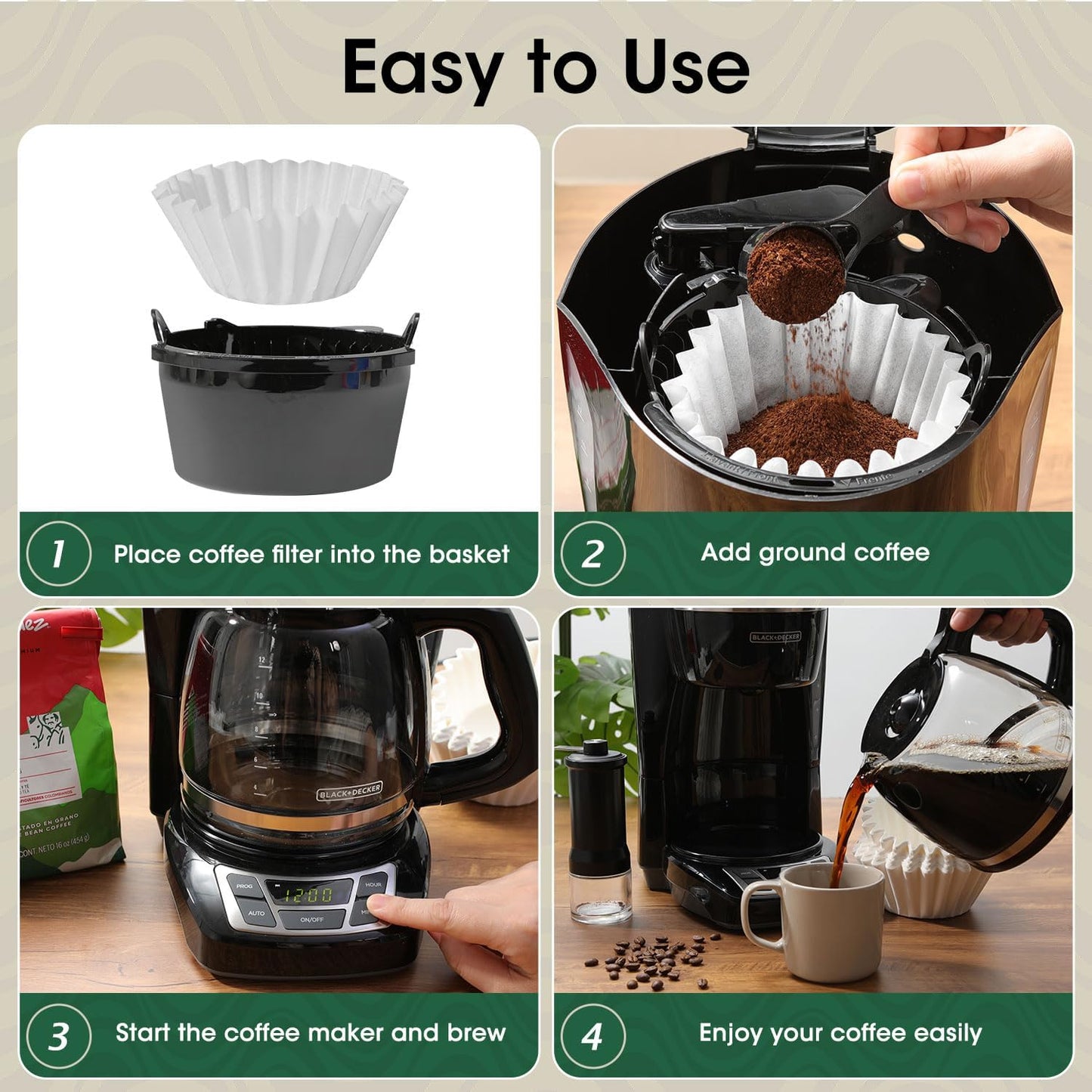 Basket Coffee Filters 8-12 Cup, 200 Count Flat Bottom Paper Filters for Drip Coffee Makers, Compatible with Mr. Coffee, BLACK+DECKER, Cuisinart, White