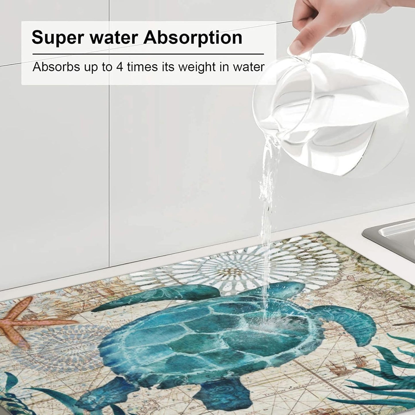 Ocean Sea Turtle Dish Drying Mat for Kitchen Counter 18x24 in, Retro Map Microfiber Drying Mats Absorbent Reversible Dish Pad Large Dish Draining Mat Fast Dry Kitchen Accessories