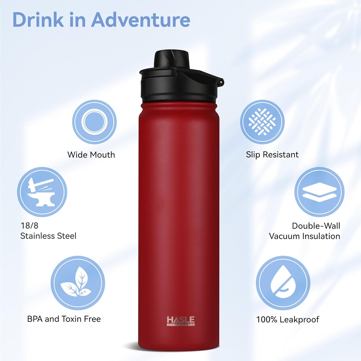 HASLE OUTFITTERS Insulated Water Bottle 22 oz Double Wall Stainless Steel Water Bottle Wide Mouth with Straw Lid & Spout Lid Keeps Cold or Hot(Red,1)