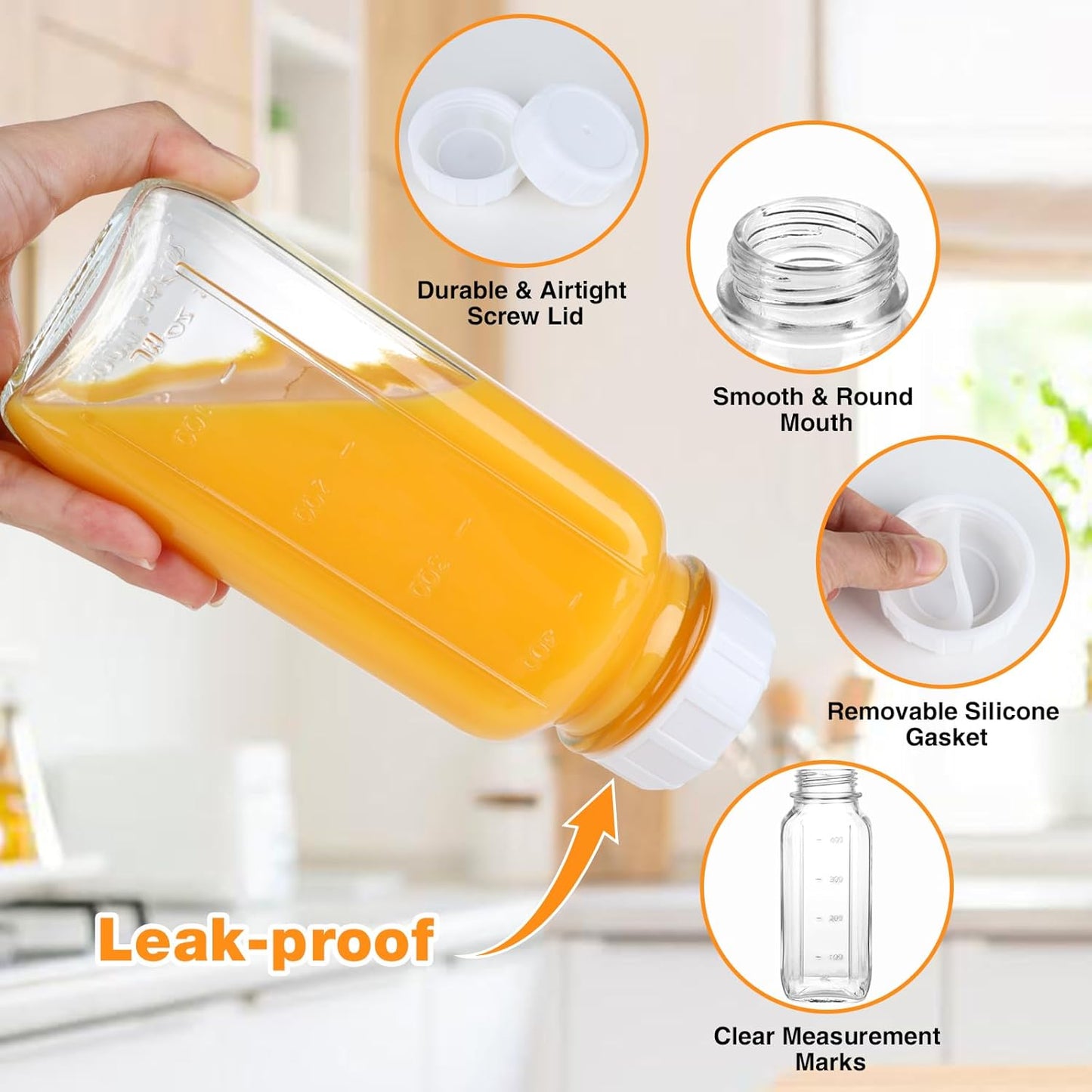 4 Pack 16 OZ Glass Milk Bottles with Lids, Glass Juice Bottles with Scale & Silicone Pour Spout, Reusable Juice Containers Square Drinking Jars for Milk, Coffee, Smoothies, Water