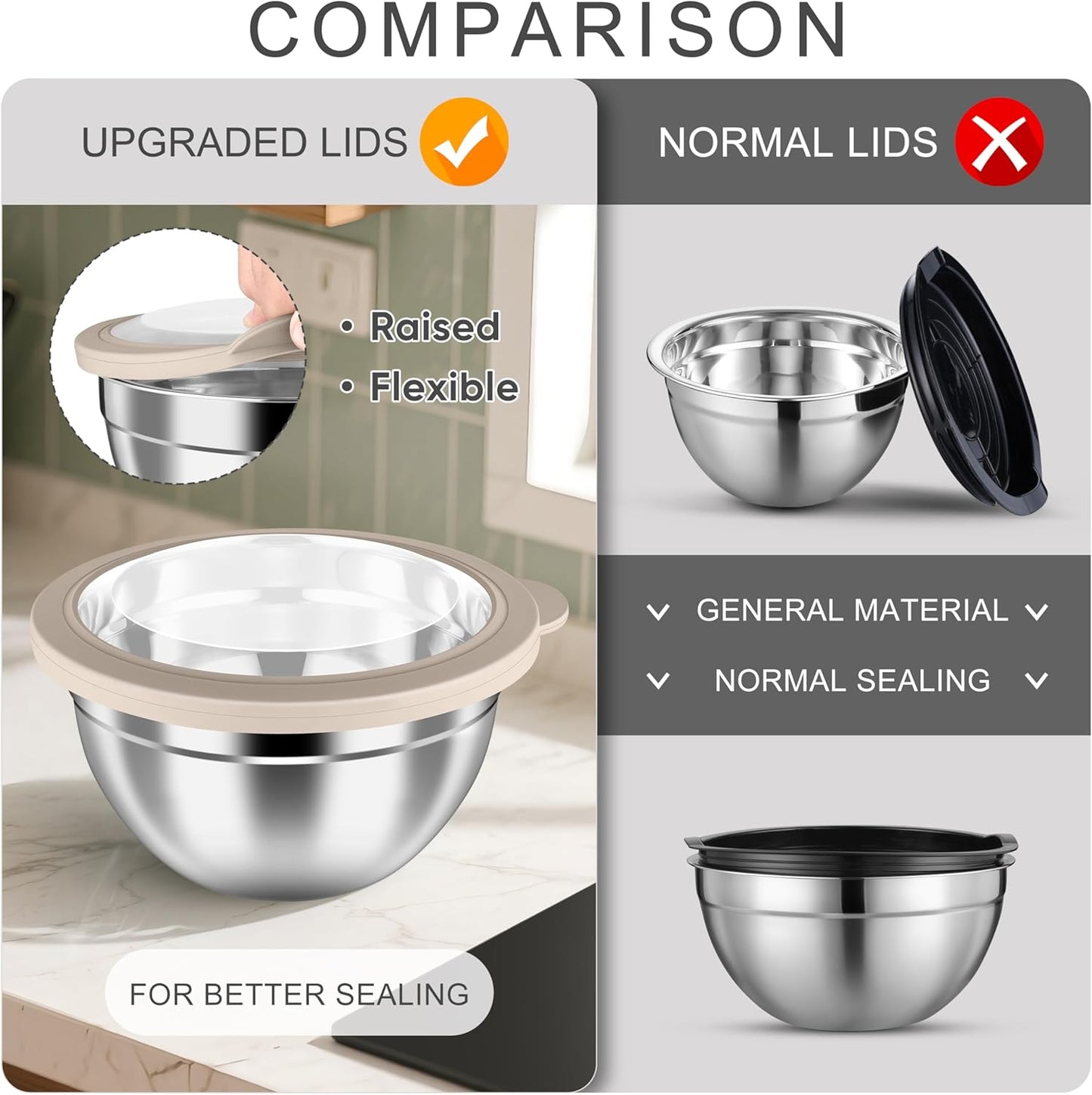 HaWare Mixing Bowls with Airtight Clear Lids, 6-Piece Stainless Steel Strong Nesting Bowls Set, Metal Salad Bowl for Cooking, Prepping, Baking, Serving & Food Storage, Size 4.6, 3, 1.5QT, Khaki