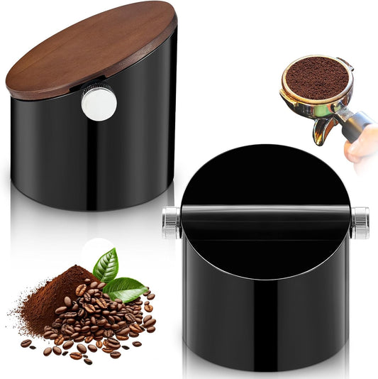 Espresso Knock Box with Walnut Lid for Coffee Grounds, Espresso Machine Accessory, Easy Disposal of Coffee Pucks, Removable Knock Bar(Black)