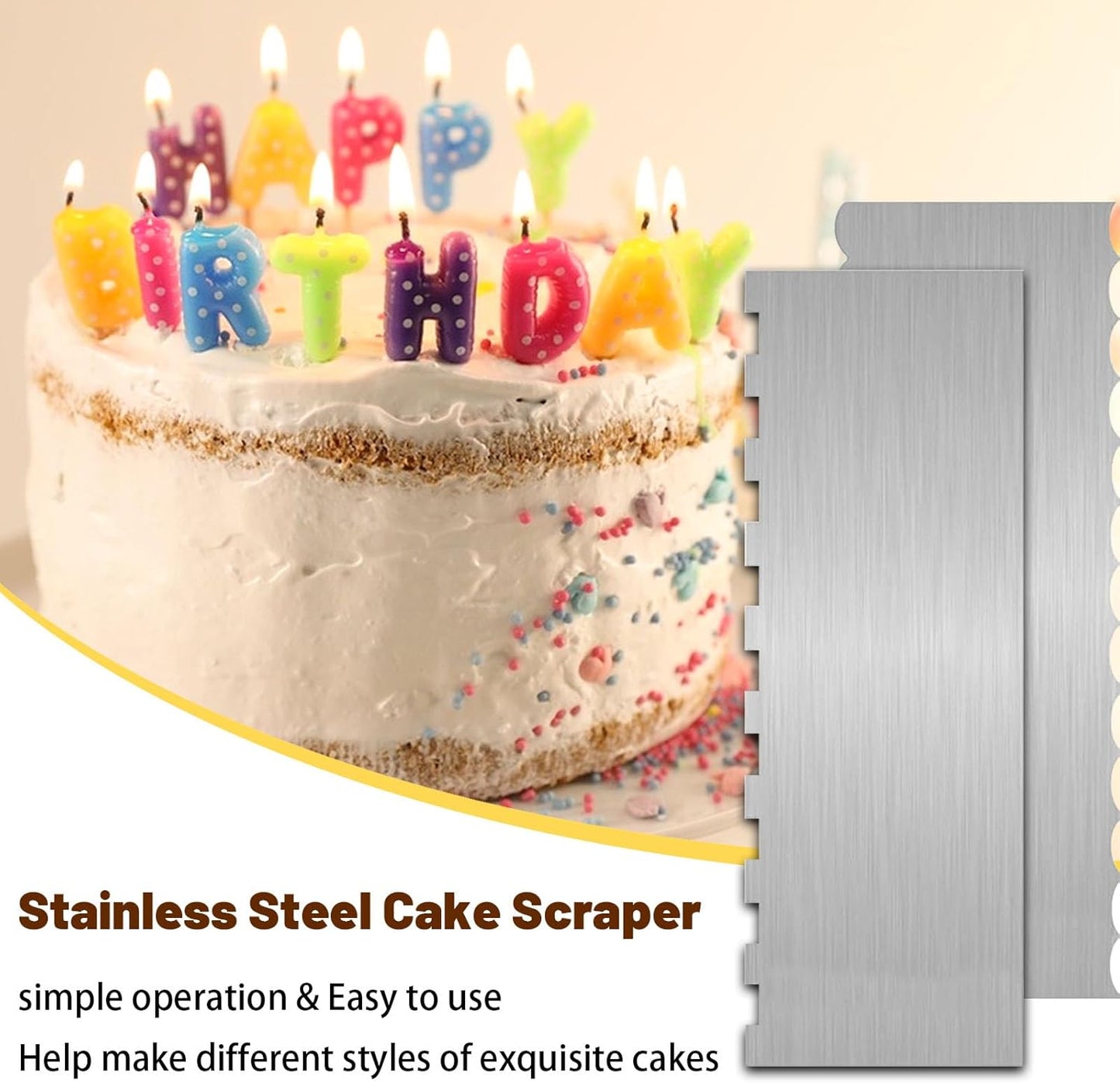 2 Pieces 8.7 Inche Stainless Steel Cake Scraper，Double Sided Patterned Edge Stripe Edge Smoother Scraper Cake Decorating，Cake Decorating Comb Cake Scraper (2, 2)