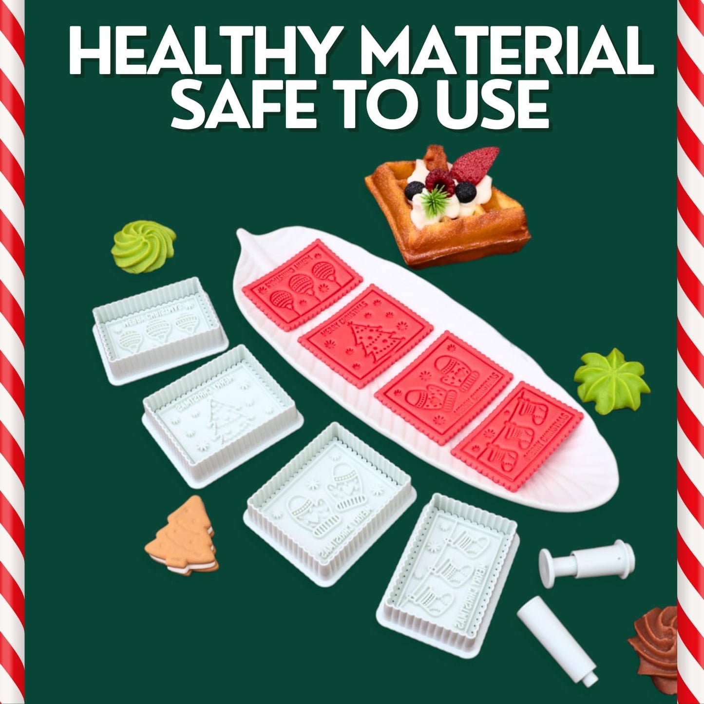 Christmas Cookie Cutters, 4-Piece 3D MERRY CHRISTMAS Plastic Cookie Stamp Set, Comes with Merry Christmas in English, Perfect for Christmas cookie baking and parties