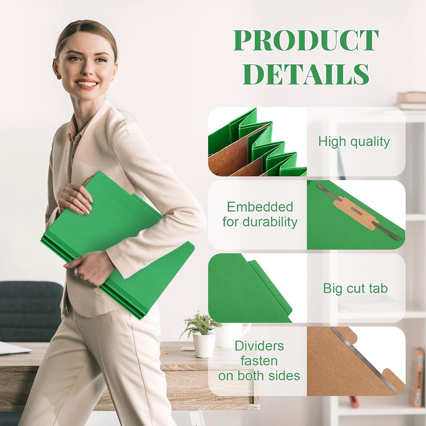 36 Pcs Classification Folders Letter Size, Back to School Supply for Teacher, Student, 3 Dividers Pressboard File Folder Bulk with 2 Fasteners, 3.5 Inch Expanding File Organizer (Green)