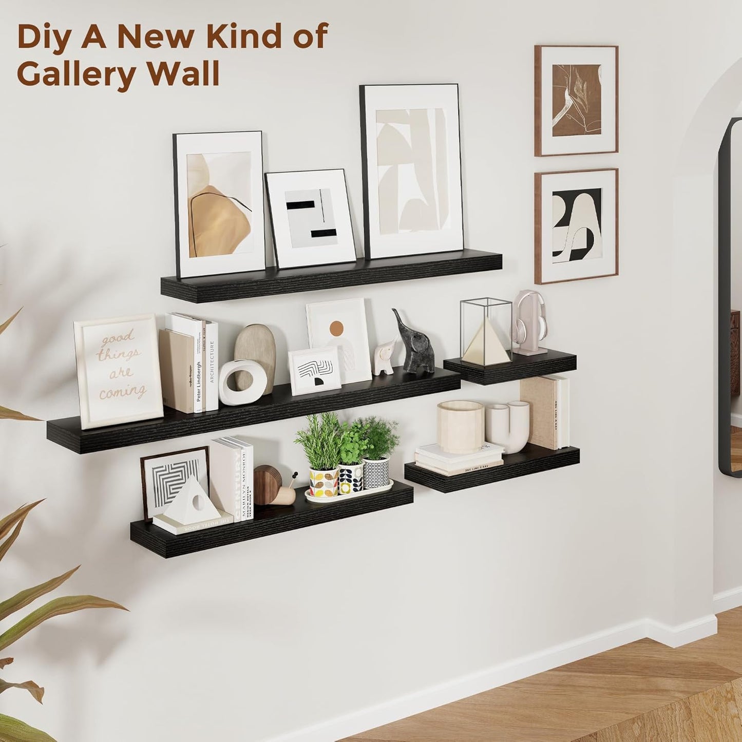 Heimlove 16 Inch Floating Shelves for Wall Black Shelves Set of 2,Wall Mounted Rustic Wood 8 Inch Deep Floating Shelf with Invisible Brackets for Bedroom Kitchen Living Room