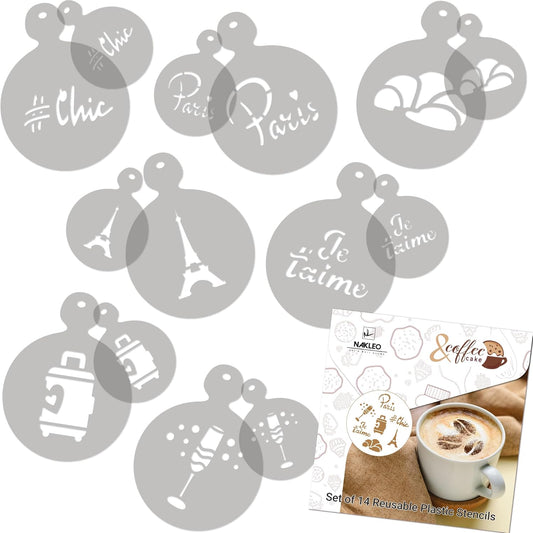 NAKLEO Coffee Stencils and Cookies Decoration 14Pcs 2.8”x2.8” and 4.3”x4.3”, Reusable Plastic Baking Templates, Paris Travel France, Barista DIY Art Craft, Capuccino Latte Chocolate Cake Biscuit